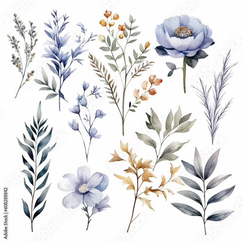 set of floral watercolor smoky grey