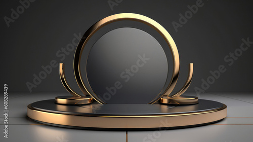 Empty gray and  golden Stainless steel circle podium or pedestal for product photography, mockup on dark gray background. Generative AI