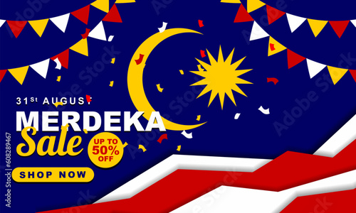 Malaysia independence day sale, social media post or banner poster design for advertisement of malaysia independence day discount on 31 august