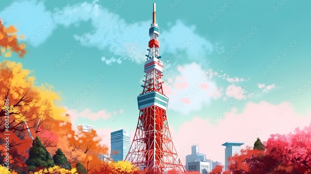 Tokyo Tower on a bright blue sky. Generative Ai