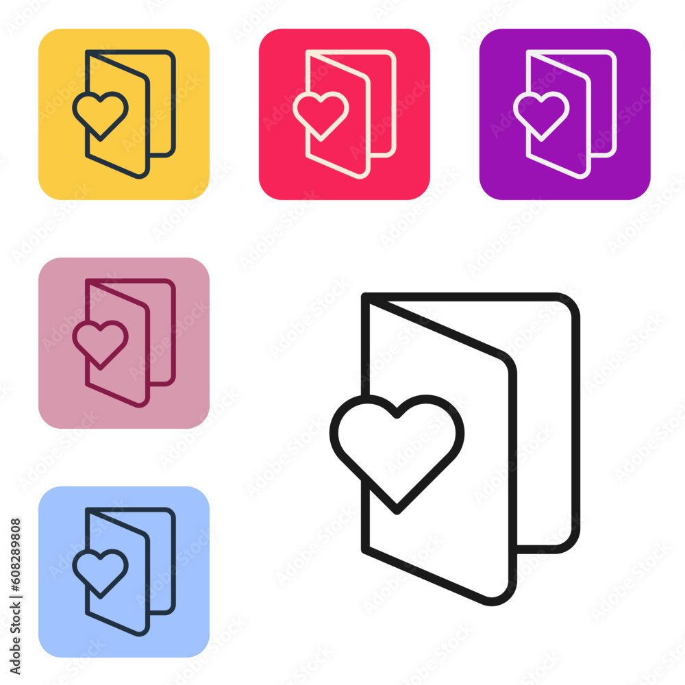 Black line Valentines day flyer with heart icon isolated on white background. Celebration poster template for invitation or greeting card. Set icons in color square buttons. Vector Black line Valentines day flyer with heart icon isolated on white background. Celebration poster template for invitation or greeting card. Set icons in color square buttons. Vector