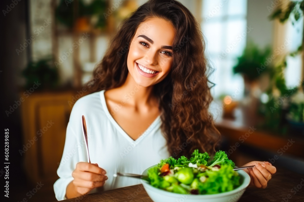 Beautiful young smiley vegetarian woman eating a green salad, healthy eating, vegetarian lifestyle.Generative AI