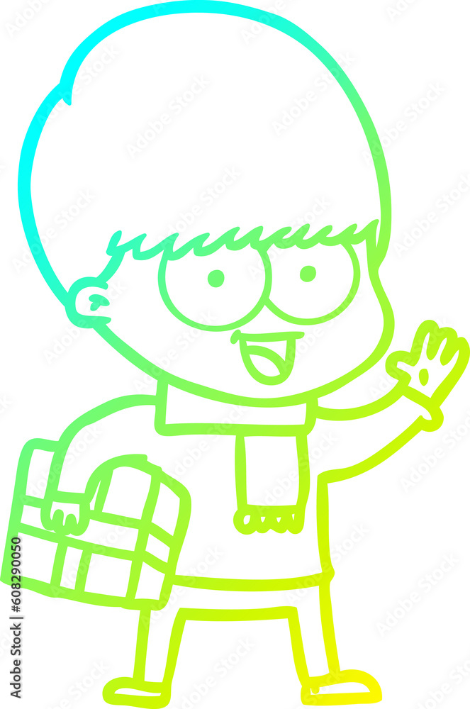 cold gradient line drawing of a happy cartoon boy with present cold gradient line drawing of a happy cartoon boy with present