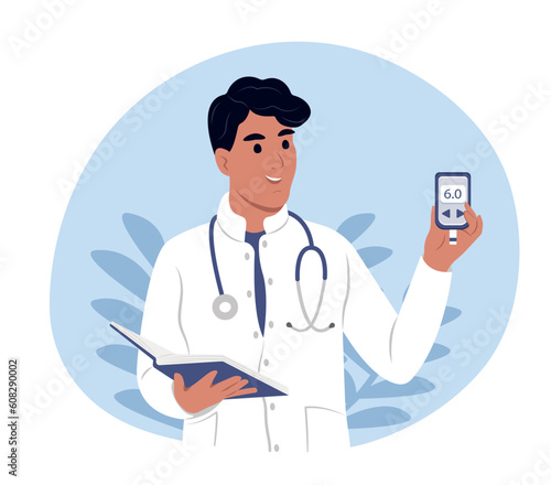 A young smiling doctor holds a glucometer in his hands for measuring sugar. World Diabetes Day.