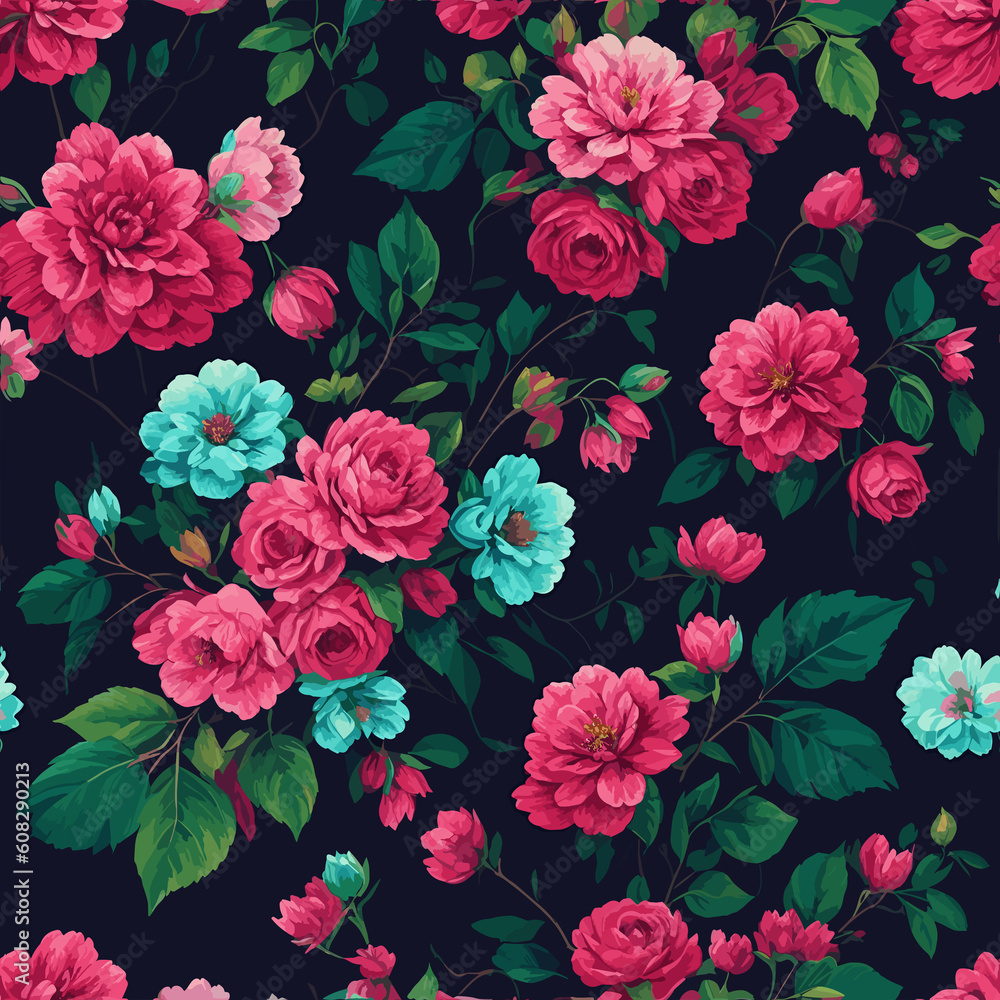 Dark background pattern with beautiful flowers (Generative AI) Dark background pattern with beautiful flowers (Generative AI)