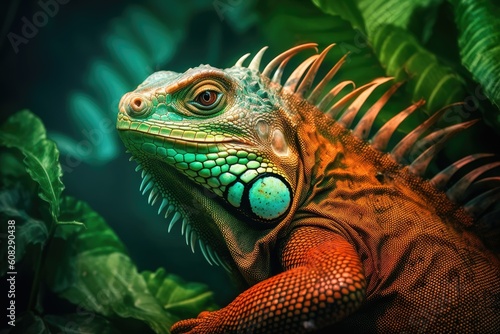 Enchanting Encounter of a Vibrant Green Iguana Blending with the Forest Scenery