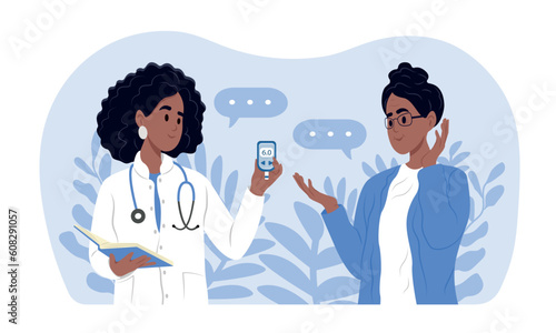 World Diabetes Day banner. A young smiling female doctor measures the sugar level of an elderly woman with a glucometer. Family doctor.