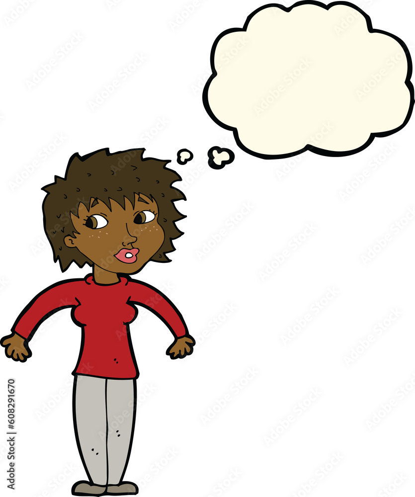 cartoon woman shrugging shoulders with thought bubble cartoon woman shrugging shoulders with thought bubble