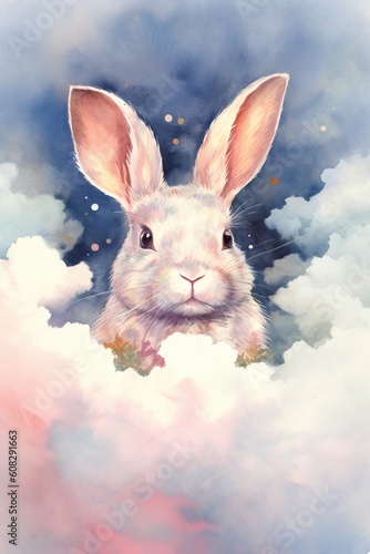 dreamy and ethereal watercolor print of a rabbit surrounded by floating clouds and stars. soft pastel shades and gentle brushstrokes to create a sense of tranquility and enchantment  Generative AI © PinkiePie