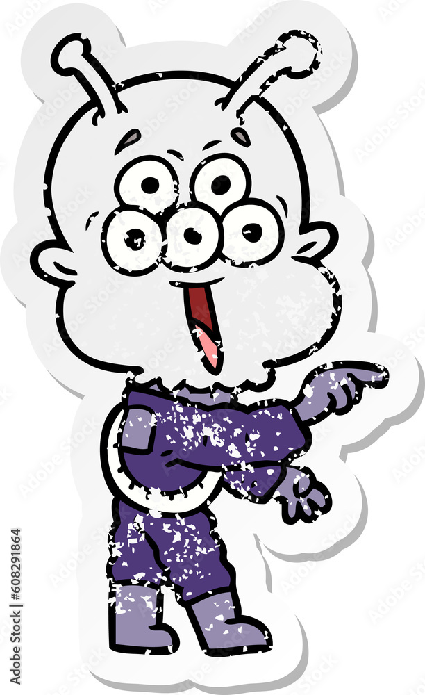 Naklejka premium distressed sticker of a happy cartoon alien