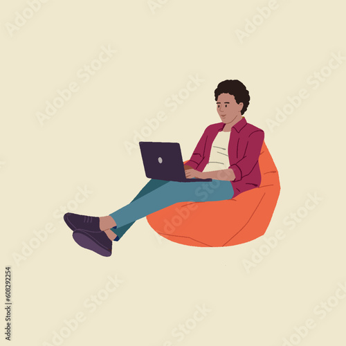Full body young employee businessman corporate wears formal shirt office sit in bag chair hold use work on a laptop editable illustration 
