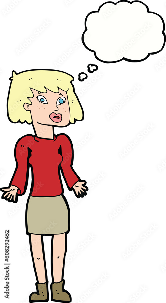 cartoon woman shrugging shoulders with thought bubble cartoon woman shrugging shoulders with thought bubble