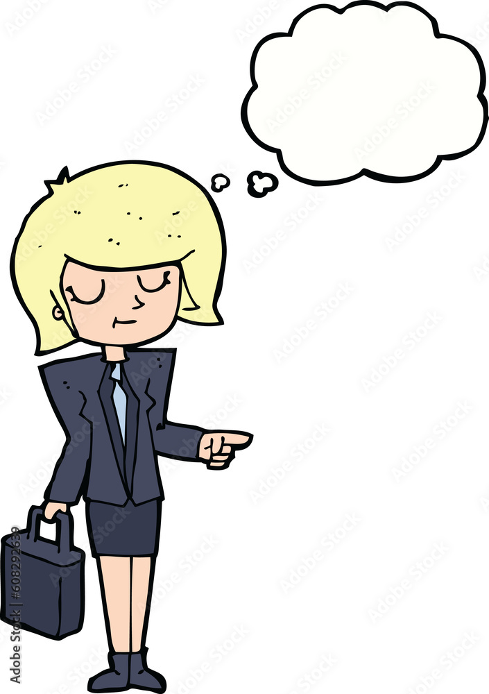 cartoon businesswoman pointing with thought bubble cartoon businesswoman pointing with thought bubble