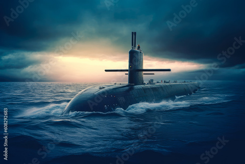 Nuclear powered cruise missile fast attack submarine surfacing in the ocean. Generative AI