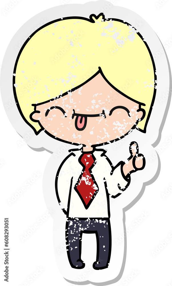 freehand drawn distressed sticker cartoon of boy with thumb up