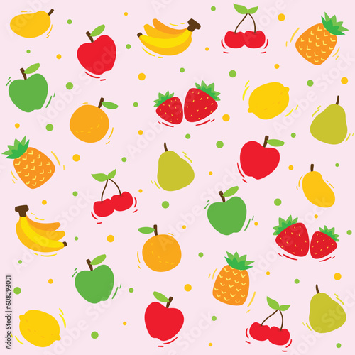 Fototapeta Naklejka Na Ścianę i Meble -  Tropical summer fruit seamless pattern, abstract, Fresh fruits wallpaper, fruit mix design for fabric and decor, cute vector background. bright summer fruits illustration,  hawaiian, colorful design