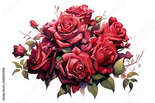 Crimson Rose Bouquet romantic watercolor composition. Generative AI