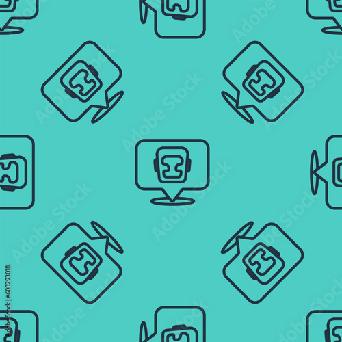 Black line Boxing helmet icon isolated seamless pattern on green background. Vector