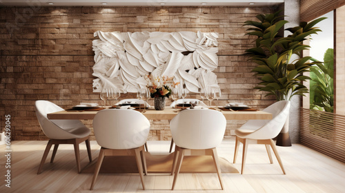 Interior of modern dining room with brick wall and wooden floor. 3d rendering.Eco friendly dining room interior.