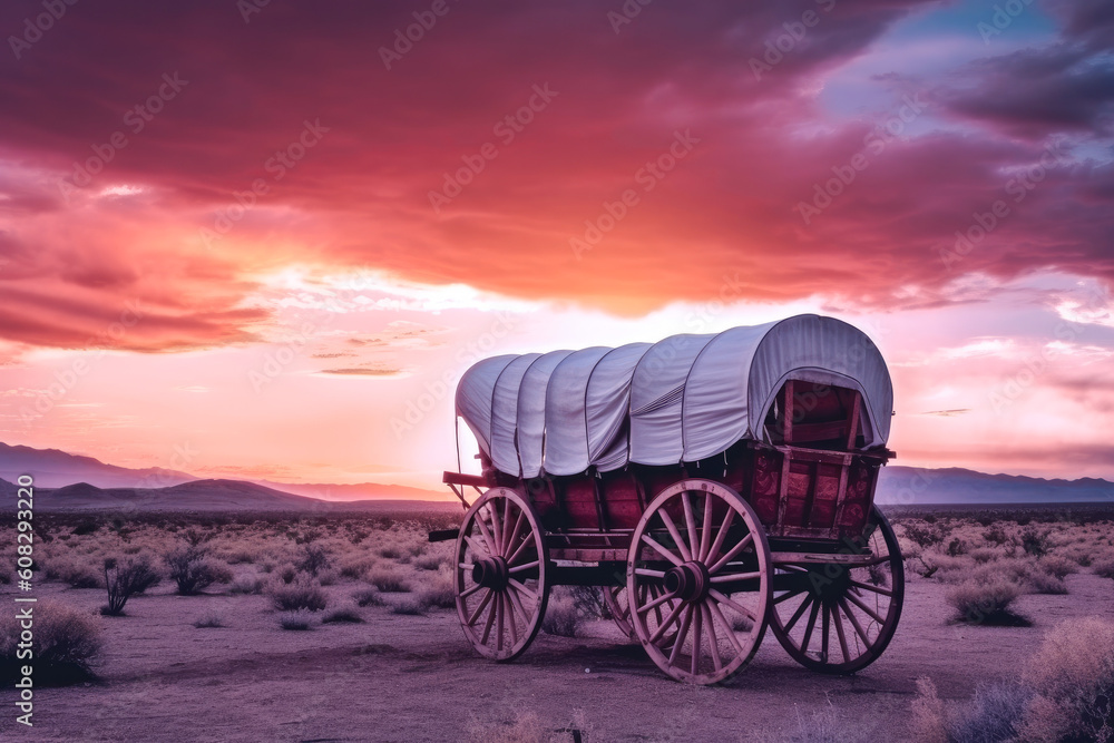 Traditional covered wagon at sunset deserted, old prairie schooner with a beautiful sunset background. Generative AI