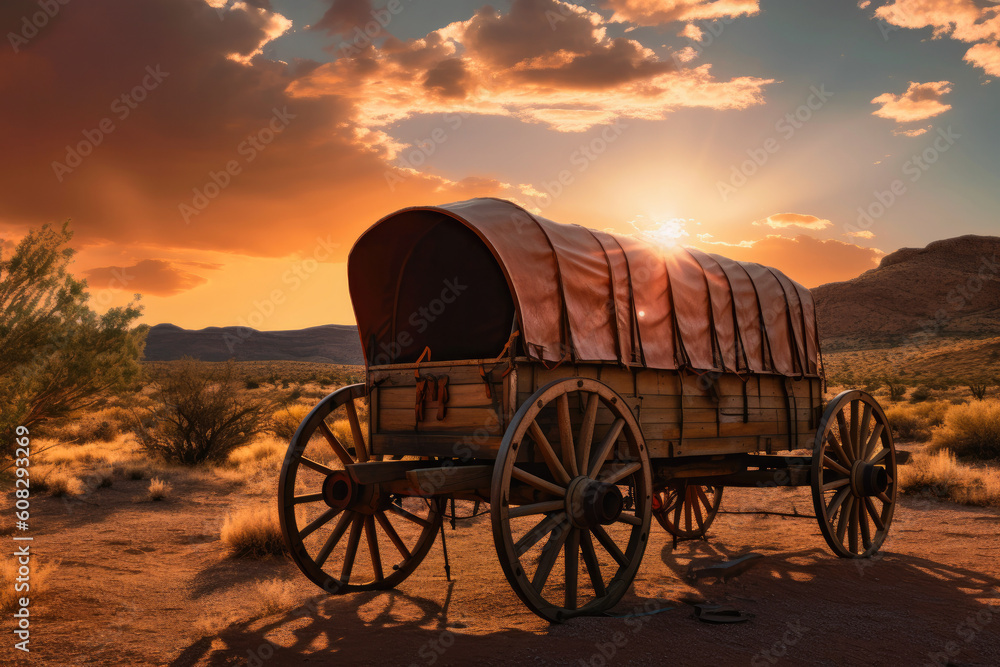 Traditional covered wagon at sunset deserted, old prairie schooner with a beautiful sunset background. Generative AI