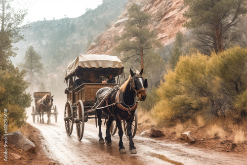 Traditional covered wagon with horse on a trail. Wild west theme. Generative AI photo