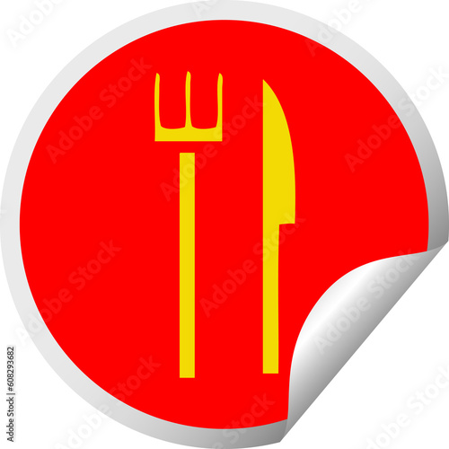 circular peeling sticker cartoon of a knife and fork