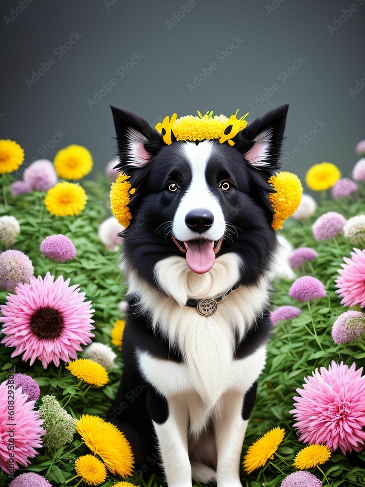 Realistic dog generated by artificial intelligence surrounded by flowers