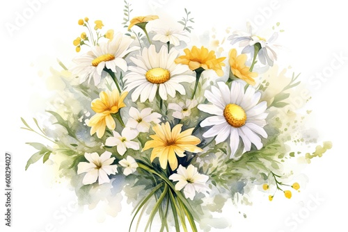 Daisy Bouquet watercolor painting. Generative AI