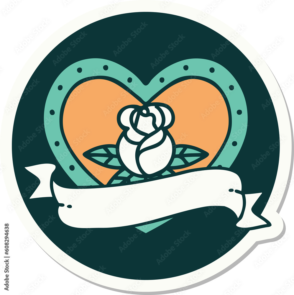 sticker of tattoo in traditional style of a heart rose and banner sticker of tattoo in traditional style of a heart rose and banner