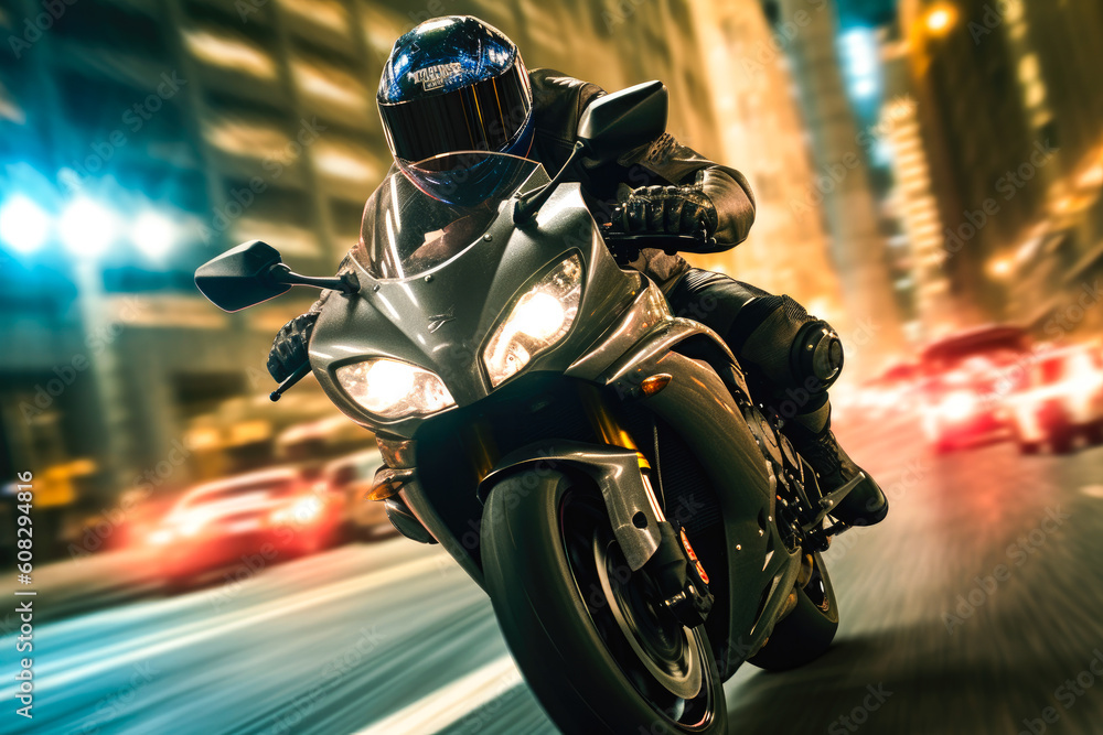 Thrilling high-speed motorcycle chase like movie scene, adrenaline ride, dangerous. Generative AI