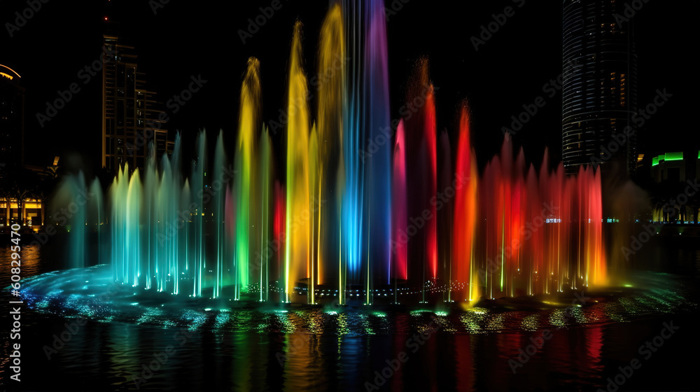 The Dubai Fountain, bright color. Generative Ai The Dubai Fountain, bright color. Generative Ai
