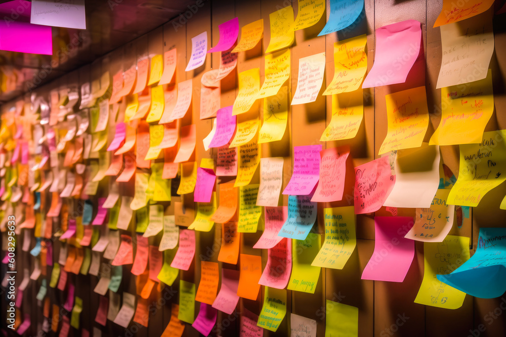 Wall covered with lots of sticky notes in different colors, communication through writing. Generative AI Wall covered with lots of sticky notes in different colors, communication through writing. Generative AI