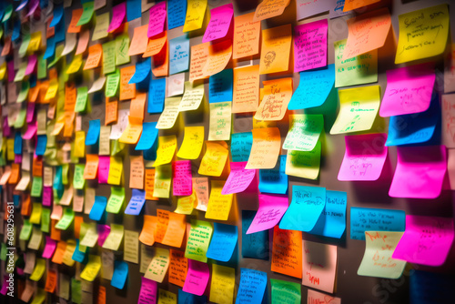 Wall covered with lots of sticky notes in different colors, communication through writing. Generative AI