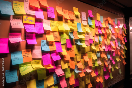 Wall covered with lots of sticky notes in different colors, communication through writing. Generative AI