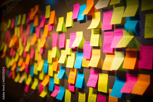 Wall covered with lots of sticky notes in different colors, communication through writing. Generative AI