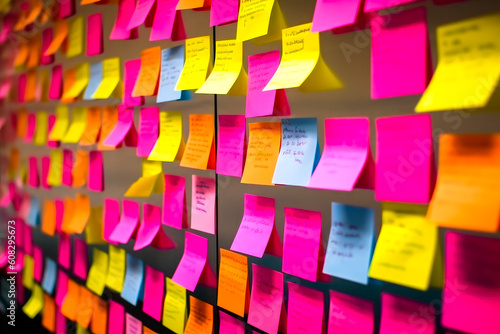 Sticky notes on the wall, very organized business planning and brainstorming for new ideas. Generative AI