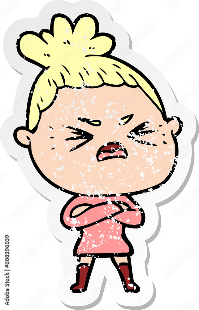 distressed sticker of a cartoon angry woman distressed sticker of a cartoon angry woman