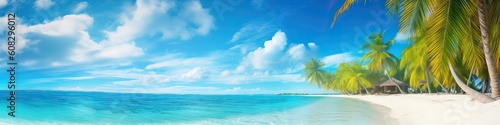 Beautiful tropical beach with white sand, turquoise ocean on background blue sky with clouds on sunny summer day. Palm tree leaned over water. Perfect landscape for relaxing vacation, island Maldives © Eli Berr