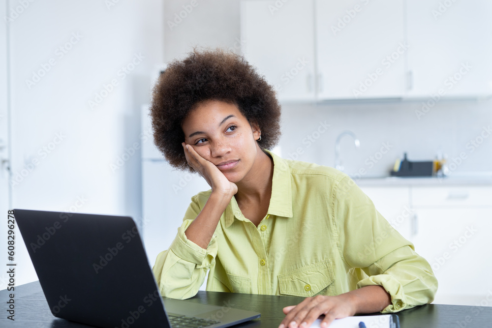 Obraz premium Bored african american young high school student tired of learning doing homework reading book, black teenager girl studying preparing for exam test, literature research, employee working concept.