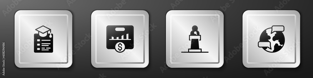 Set Online education, Key performance indicator, Speaker and Worldwide icon. Silver square button. Vector
