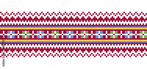 Ukrainian vyshyvanka geometric vector ornament, border, pattern. Ukrainian colorful vyshyvanka embroidery in burgundy color. Pixel art, cross stitch