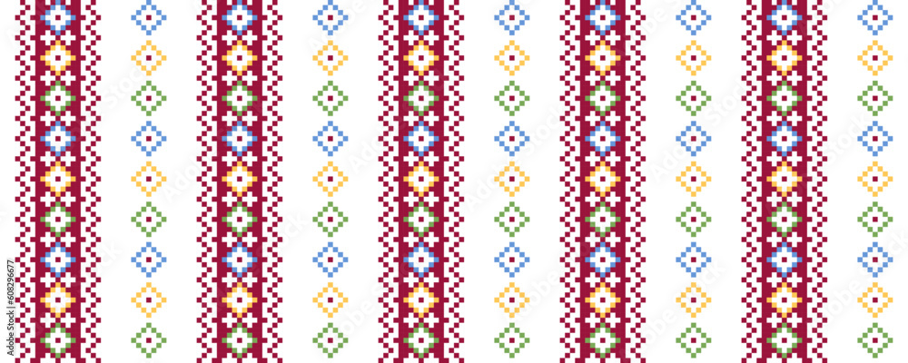 Colorful vector striped print, pattern,ornament for textile fabric or cloth. Carpathian Lemky colorful striped print. Pixel art, vyshyvanka, cross stitch. Ukrainian folk, ethnic modern design