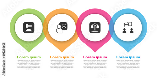 Set Judge gavel, Peace talks, Scales of justice and Speech bubble chat. Business infographic template. Vector