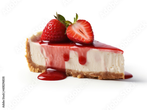 A slice of strawberry cheesecake with a strawberry on top isolated on white background