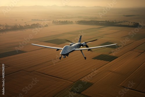 close up of an unarmed military reconnaissance drone in the sky flying over a field made with Generative AI
