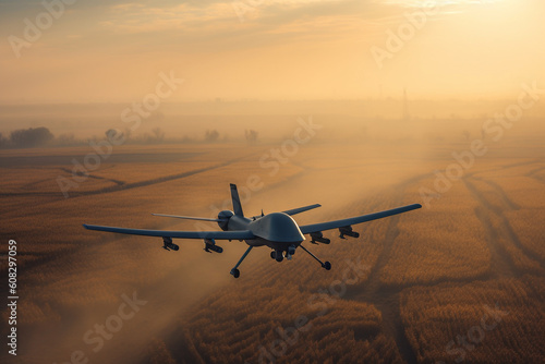 close up of an unarmed military reconnaissance drone in the sky flying over a field made with Generative AI
