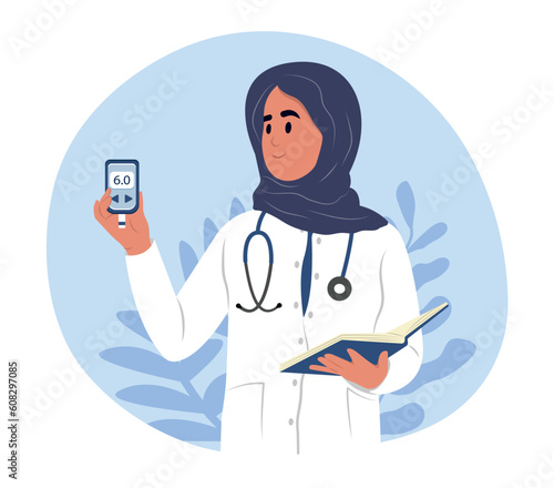 World Diabetes Day banner. A young smiling muslim female doctor holds a glucometer in his hands for measuring sugar.