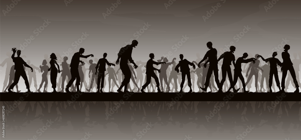 A lot of zombies walking around the street looking for something, a crowd of zombies, vector illustration A lot of zombies walking around the street looking for something, a crowd of zombies, vector illustration