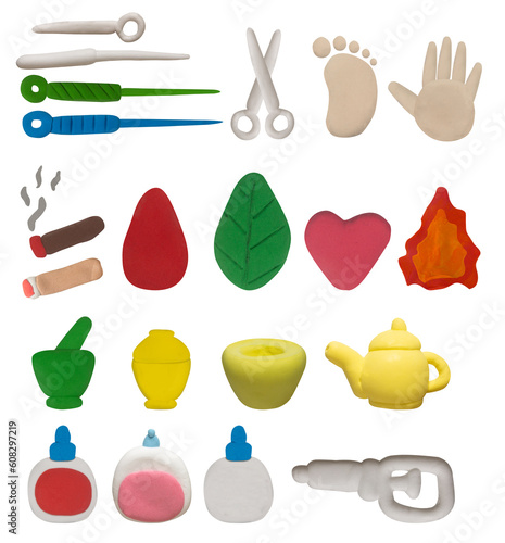 Traditional Chinese Medicine treatment equipment set made from plasticine on white background